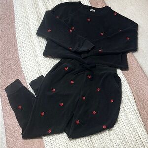 VS Pink Chic Black Sweat Set with Red Embroidered Roses